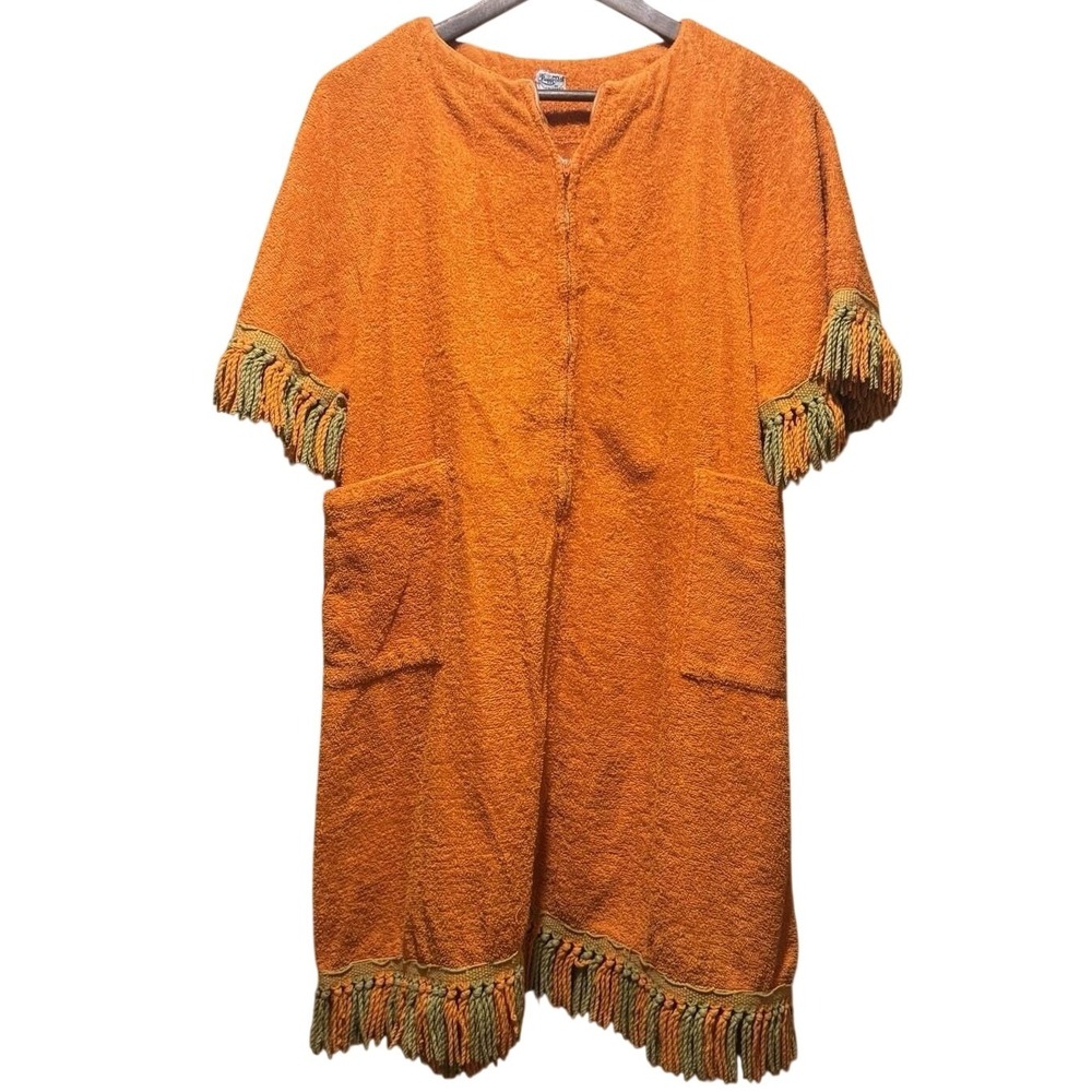 VTG MAGGIE BETH 1970s Orange Terry Cloth zip Up Dress With Fringe‎ Sleeves